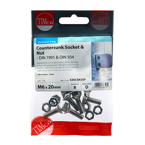 TIMco Countersunk Socket Screws DIN7991 A2 Stainless Steel - M6 x 20