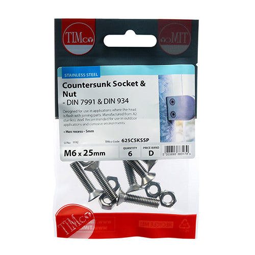 TIMco Countersunk Socket Screws DIN7991 A2 Stainless Steel - M6 x 25 - 10 Pieces