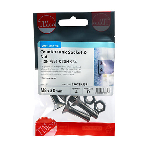 TIMco Countersunk Socket Screws DIN7991 A2 Stainless Steel - M8 x 30 - 10 Pieces
