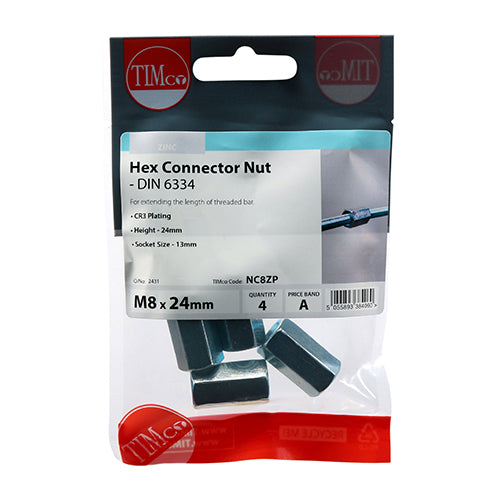 TIMco Hex Connector Nuts DIN6334 Silver - M8