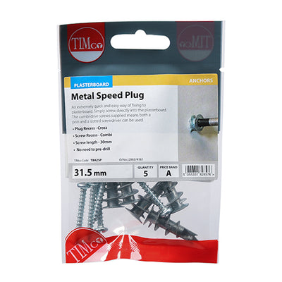 TIMco Plasterboard Metal Speed Plugs & Screws Silver - 31.5mm - 5 Pieces