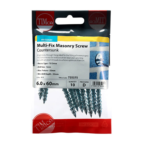 TIMco Masonry Screws Countersunk Silver - 6.0 x 80