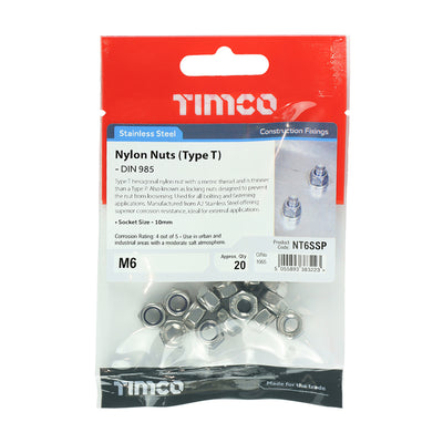 TIMco Nylon Insert Nuts Type T DIN985 A2 Stainless Steel - M6