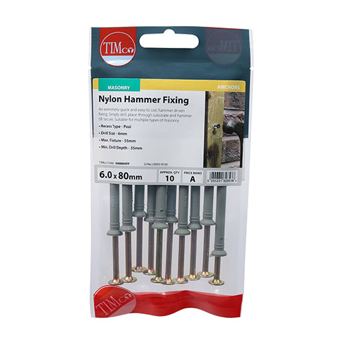 TIMco Nylon Hammer Fixings - 6.0 x 80 - 10 Pieces