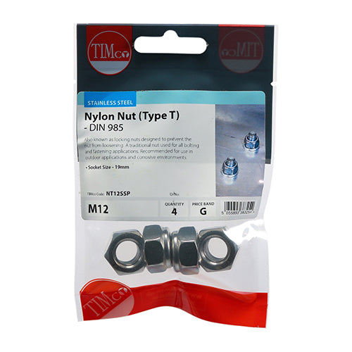 TIMco Nylon Insert Nuts Type T DIN985 A2 Stainless Steel - M12