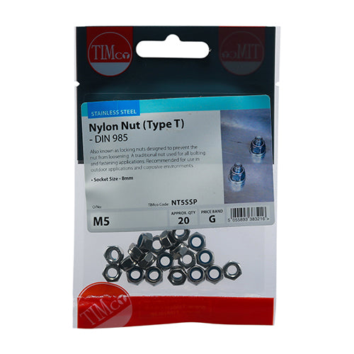 TIMco Nylon Insert Nuts Type T DIN985 A2 Stainless Steel - M5