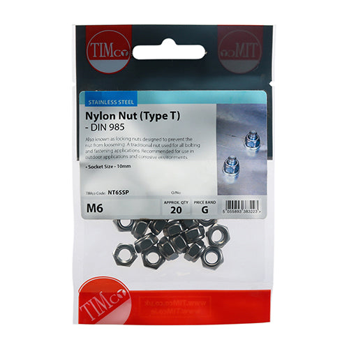 TIMco Nylon Insert Nuts Type T DIN985 A2 Stainless Steel - M6