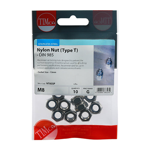 TIMco Nylon Insert Nuts Type T DIN985 A2 Stainless Steel - M8