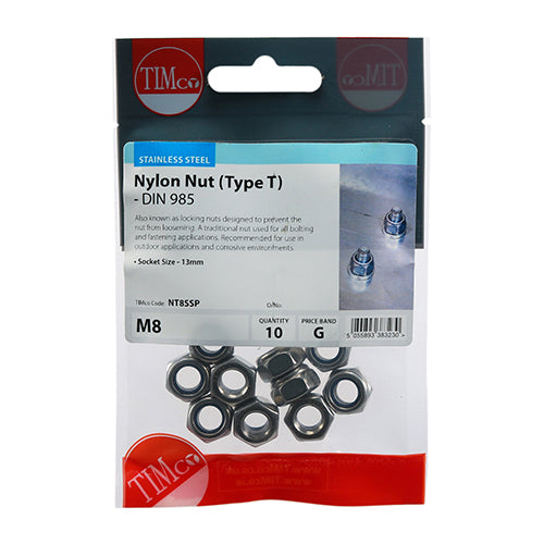 TIMco Nylon Insert Nuts Type T DIN985 A2 Stainless Steel - M8 - 10 Pieces