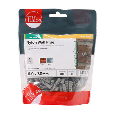 TIMco Nylon Plugs - 6.0 x 30 - 200 Pieces