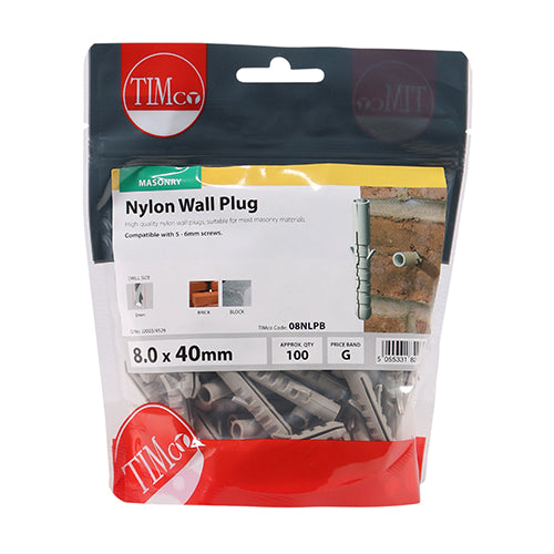 TIMco Nylon Plugs - 8.0 x 40 - 100 Pieces
