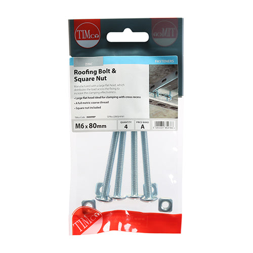 TIMco Roofing Bolts & Square Nuts Silver - M6 x 80 - 4 Pieces