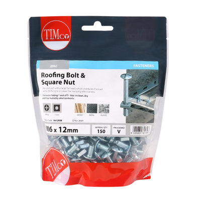 TIMco Roofing Bolts & Square Nuts Silver - M6 x 12 - 150 Pieces