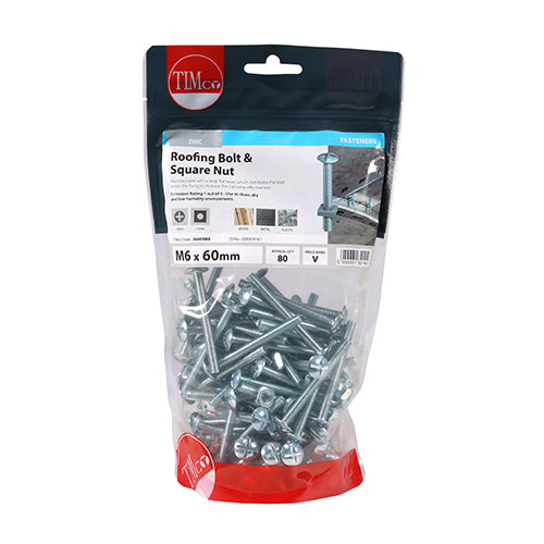 TIMco Roofing Bolts & Square Nuts Silver - M6 x 60 - 80 Pieces