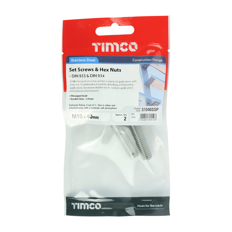 TIMco Set Screws DIN933 Hex & Nut DIN934 Silver A2 Stainless Steel - M10 x 40