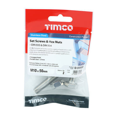 TIMco Set Screws DIN933 Hex & Nut DIN934 Silver A2 Stainless Steel - M10 x 50