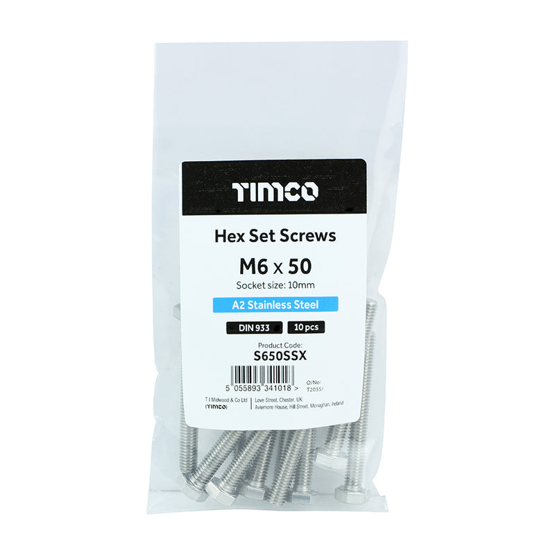 TIMco Set Screws DIN933 A2 Stainless Steel - M6 x 50