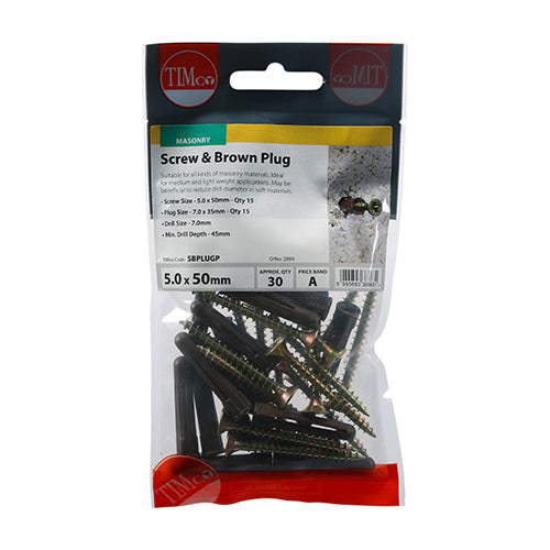 TIMco Brown Premium Plastic Plugs With Twin-Threaded Countersunk Silver Woodscrews - 35mm Brown Plug, 5.0x50 Screw