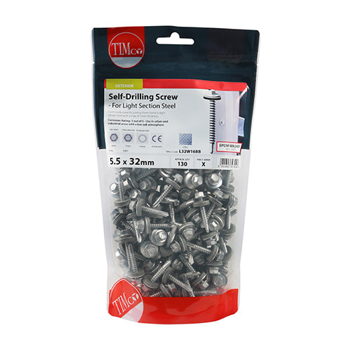 TIMco Self-Drilling Light Section Screws Exterior Silver with EPDM Washer - 5.5 x 32 - 130 Pieces