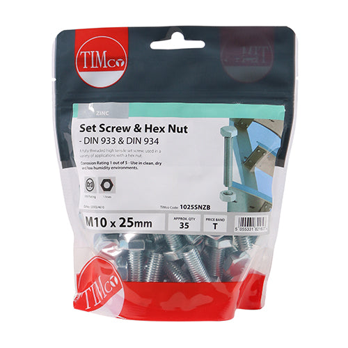 TIMco Set Screws DIN933 Grade 8.8 & Hex Nut DIN934 Silver - M10 x 25