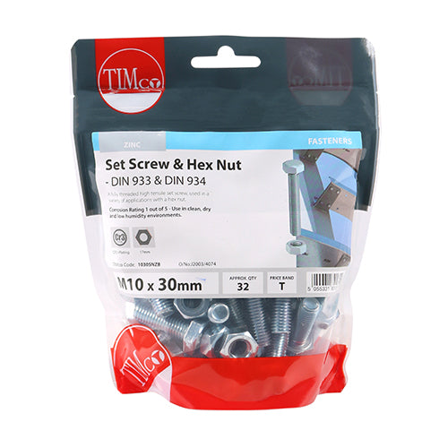 TIMco Set Screws DIN933 Grade 8.8 & Hex Nut DIN934 Silver - M10 x 30