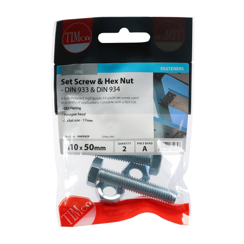 TIMco Set Screws DIN933 Grade 8.8 & Hex Nut DIN934 Silver - M10 x 50 - 2 Pieces