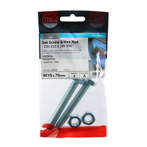 TIMco Set Screws DIN933 Grade 8.8 & Hex Nut DIN934 Silver - M10 x 70 - 2 Pieces