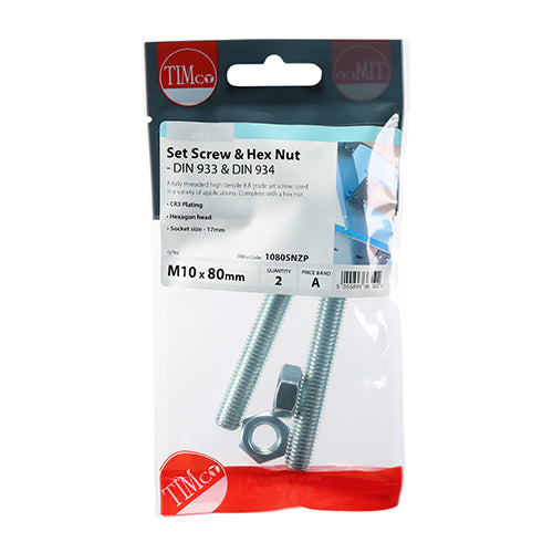 TIMco Set Screws DIN933 Grade 8.8 & Hex Nut DIN934 Silver - M10 x 80 - 2 Pieces