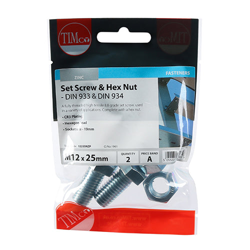 TIMco Set Screws DIN933 Grade 8.8 & Hex Nut DIN934 Silver - M12 x 25 - 2 Pieces