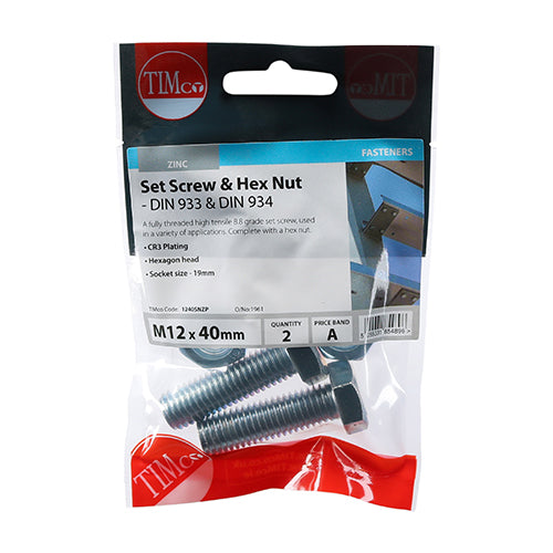 TIMco Set Screws DIN933 Grade 8.8 & Hex Nut DIN934 Silver - M12 x 40 - 2 Pieces