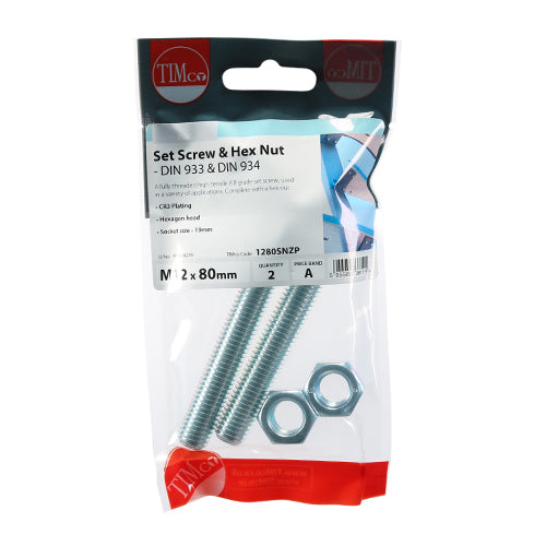 TIMco Set Screws DIN933 Grade 8.8 & Hex Nut DIN934 Silver - M12 x 80 - 2 Pieces