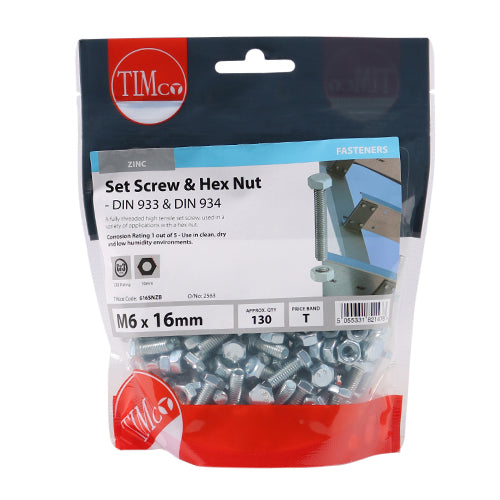 TIMco Set Screws DIN933 Grade 8.8 & Hex Nut DIN934 Silver - M6 x 16 - 8 Pieces