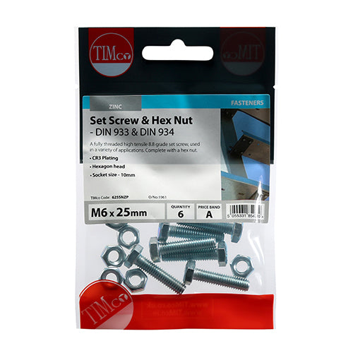 TIMco Set Screws DIN933 Grade 8.8 & Hex Nut DIN934 Silver - M6 x 25 - 6 Pieces