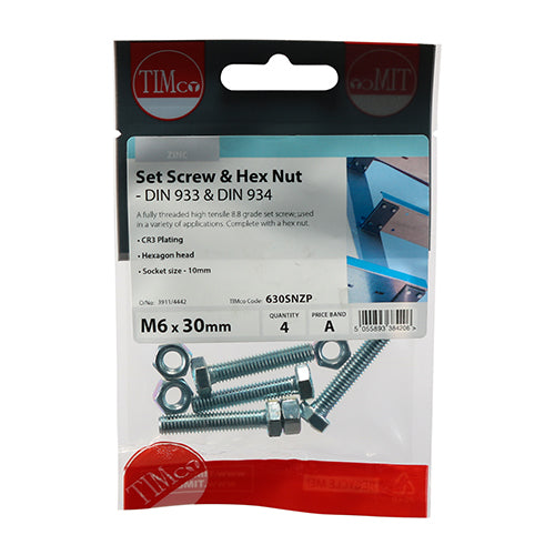 TIMco Set Screws DIN933 Grade 8.8 & Hex Nut DIN934 Silver - M6 x 30 - 4 Pieces