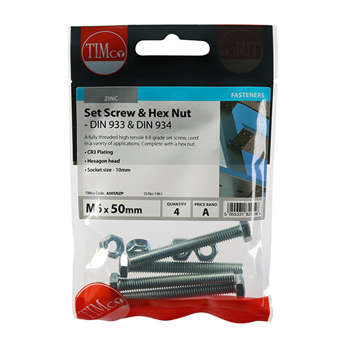 TIMco Set Screws DIN933 Grade 8.8 & Hex Nut DIN934 Silver - M6 x 50 - 4 Pieces