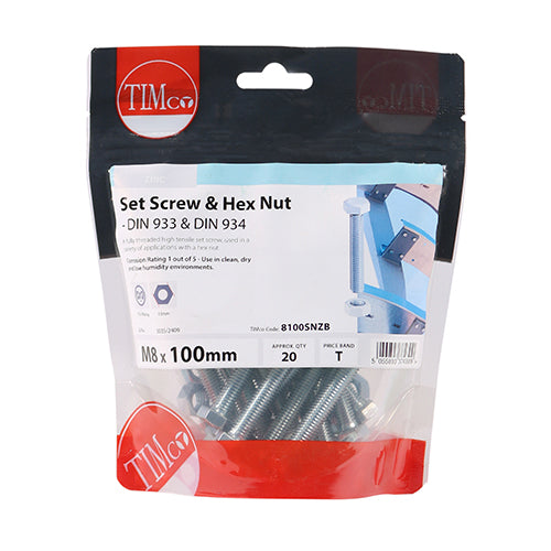 TIMco Set Screws DIN933 Grade 8.8 & Hex Nut DIN934 Silver - M8 x 100