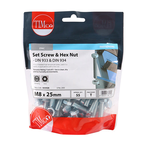 TIMco Set Screws DIN933 Grade 8.8 & Hex Nut DIN934 Silver - M8 x 25