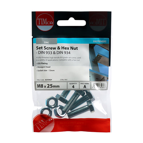 TIMco Set Screws DIN933 Grade 8.8 & Hex Nut DIN934 Silver - M8 x 25 - 2 Pieces