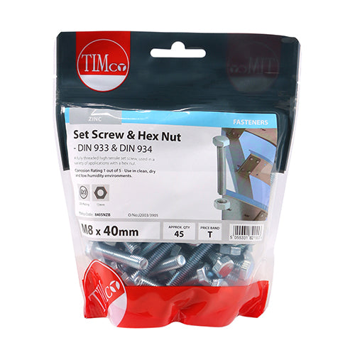 TIMco Set Screws DIN933 Grade 8.8 & Hex Nut DIN934 Silver - M8 x 40