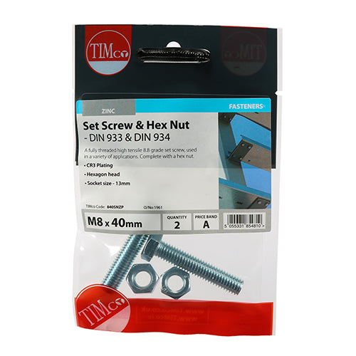TIMco Set Screws DIN933 Grade 8.8 & Hex Nut DIN934 Silver - M8 x 40 - 2 Pieces