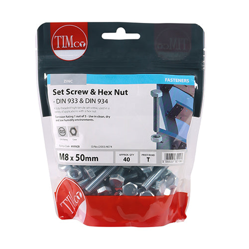 TIMco Set Screws DIN933 Grade 8.8 & Hex Nut DIN934 Silver - M8 x 50
