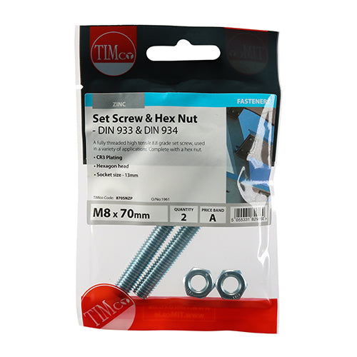 TIMco Set Screws DIN933 Grade 8.8 & Hex Nut DIN934 Silver - M8 x 70 - 2 Pieces