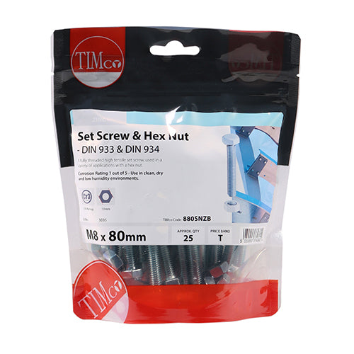 TIMco Set Screws DIN933 Grade 8.8 & Hex Nut DIN934 Silver - M8 x 80