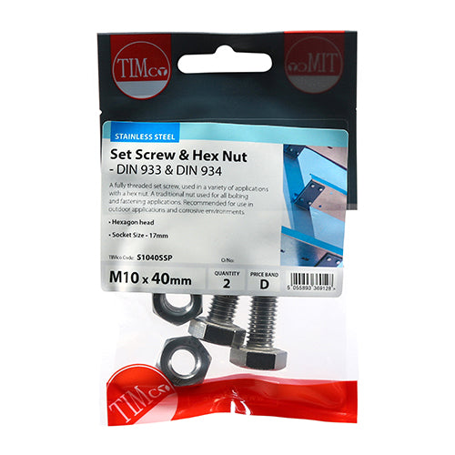 TIMco Set Screws DIN933 Hex & Nut DIN934 Silver A2 Stainless Steel - M10 x 40