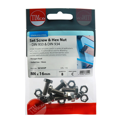 TIMco Set Screws DIN933 Hex & Nut DIN934 Silver A2 Stainless Steel - M6 x 16