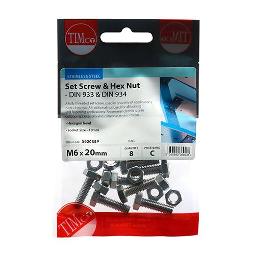 TIMco Set Screws DIN933 Hex & Nut DIN934 Silver A2 Stainless Steel - M6 x 20