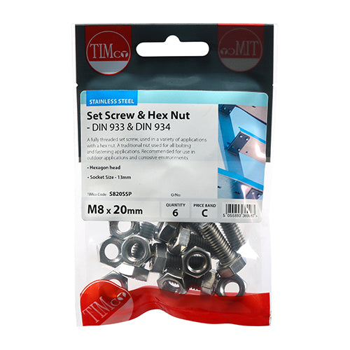 TIMco Set Screws DIN933 Hex & Nut DIN934 Silver A2 Stainless Steel - M8 x 20