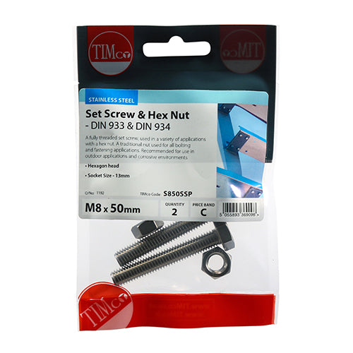 TIMco Set Screws DIN933 Hex & Nut DIN934 Silver A2 Stainless Steel - M8 x 50
