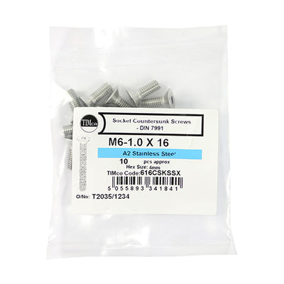 TIMco Countersunk Socket Screws DIN7991 A2 Stainless Steel - M6 x 16 - 10 Pieces