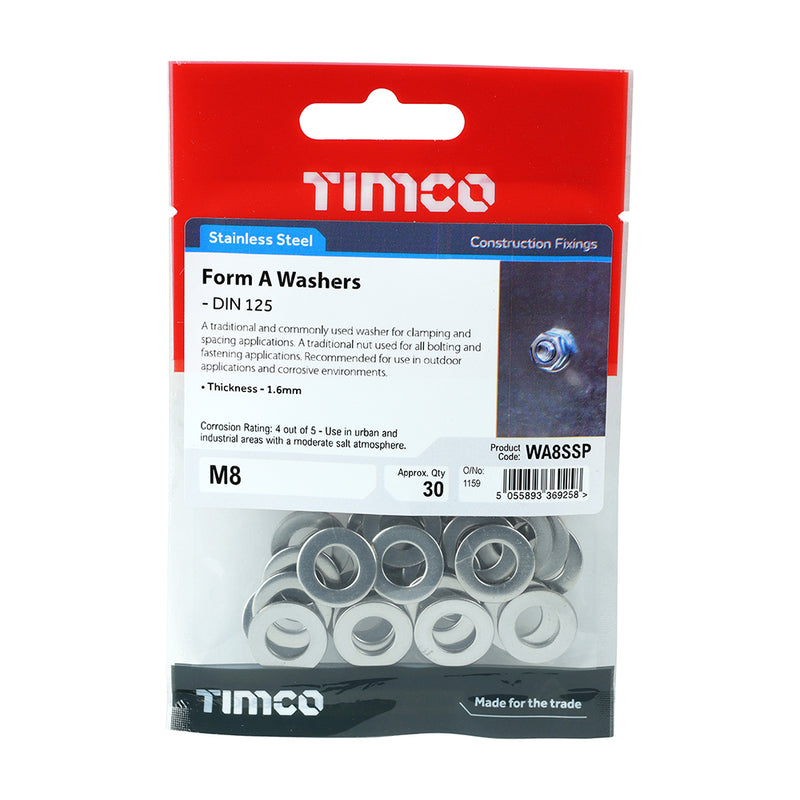 TIMco Form A Washers DIN125-A A2 Stainless Steel - M8